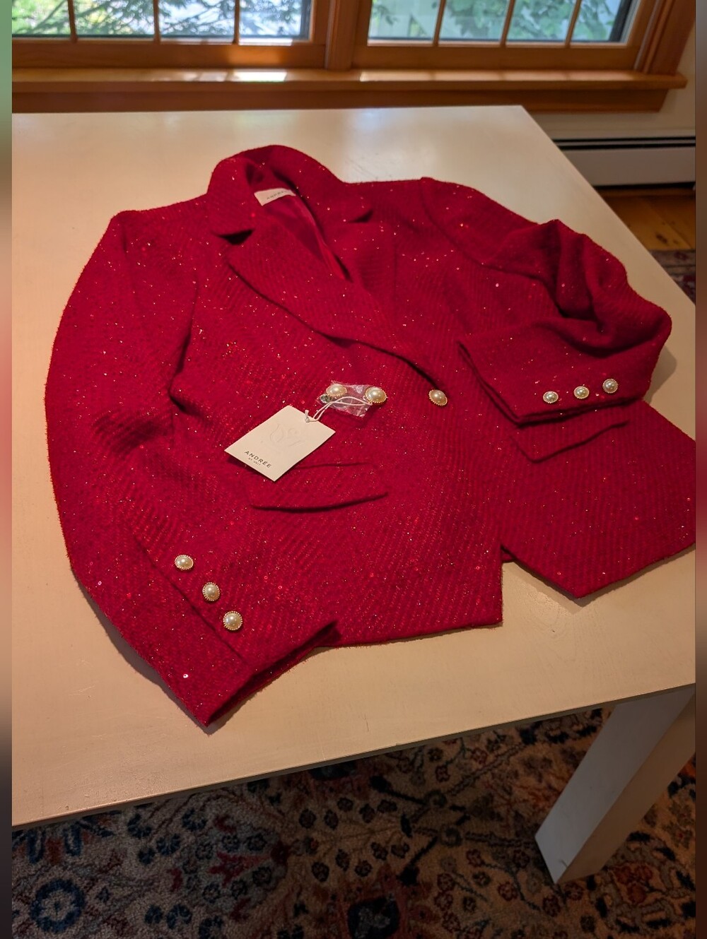 NWT Power Red 🍒 Andree Special Occasion Red Sequin Tweed Double-Breasted Blazer - Picture 3 of 12